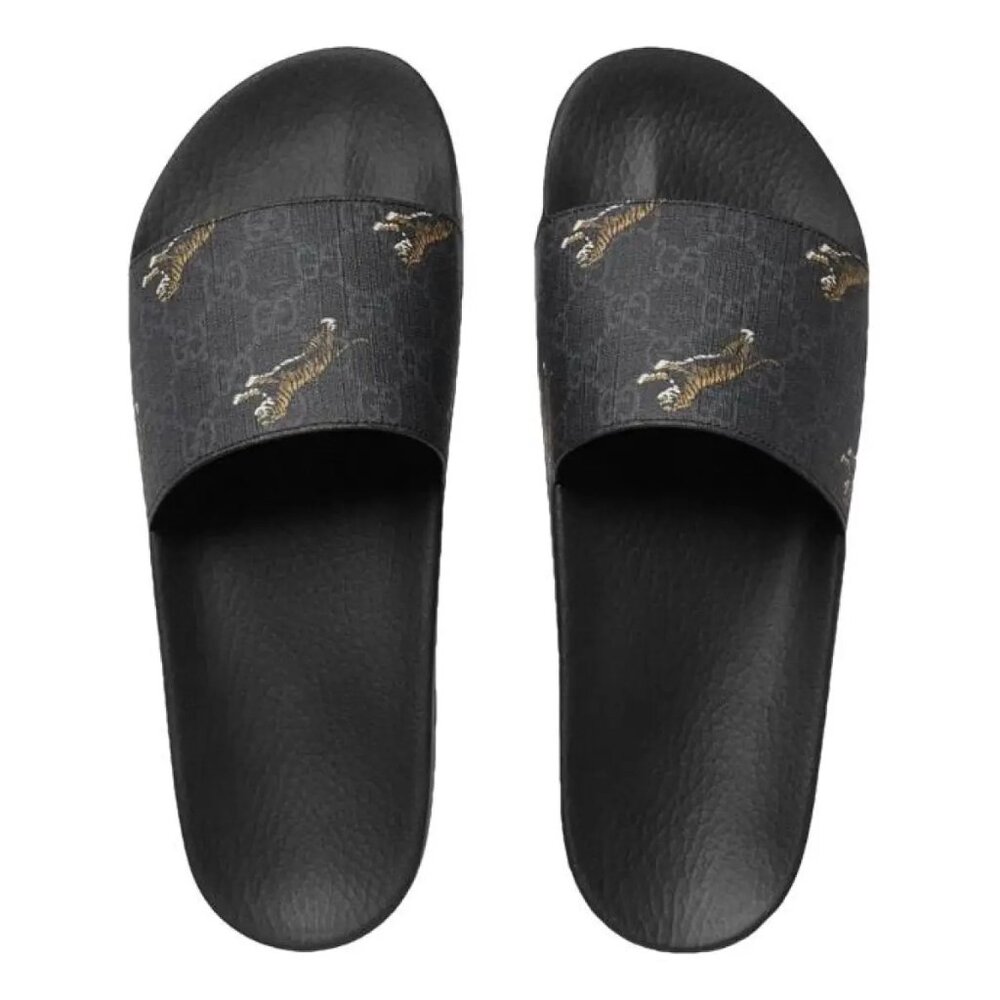 RARE ! NEW Gucci GG Supreme Canvas Tigers Black Slides NEW IN BOX WITH SHOE BAGS